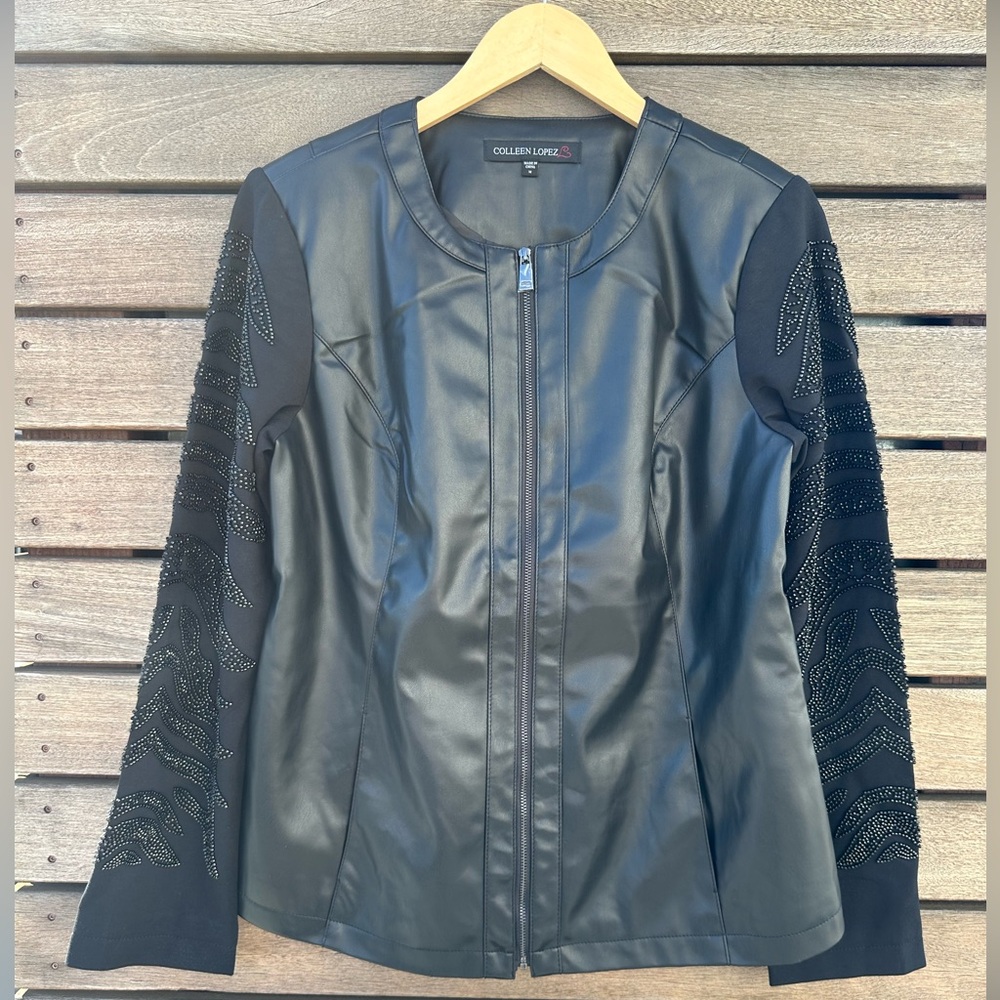 Colleen Lopez Faux Leather Jacket w/ Sleeve Beaded Detailing | Size Medium, New